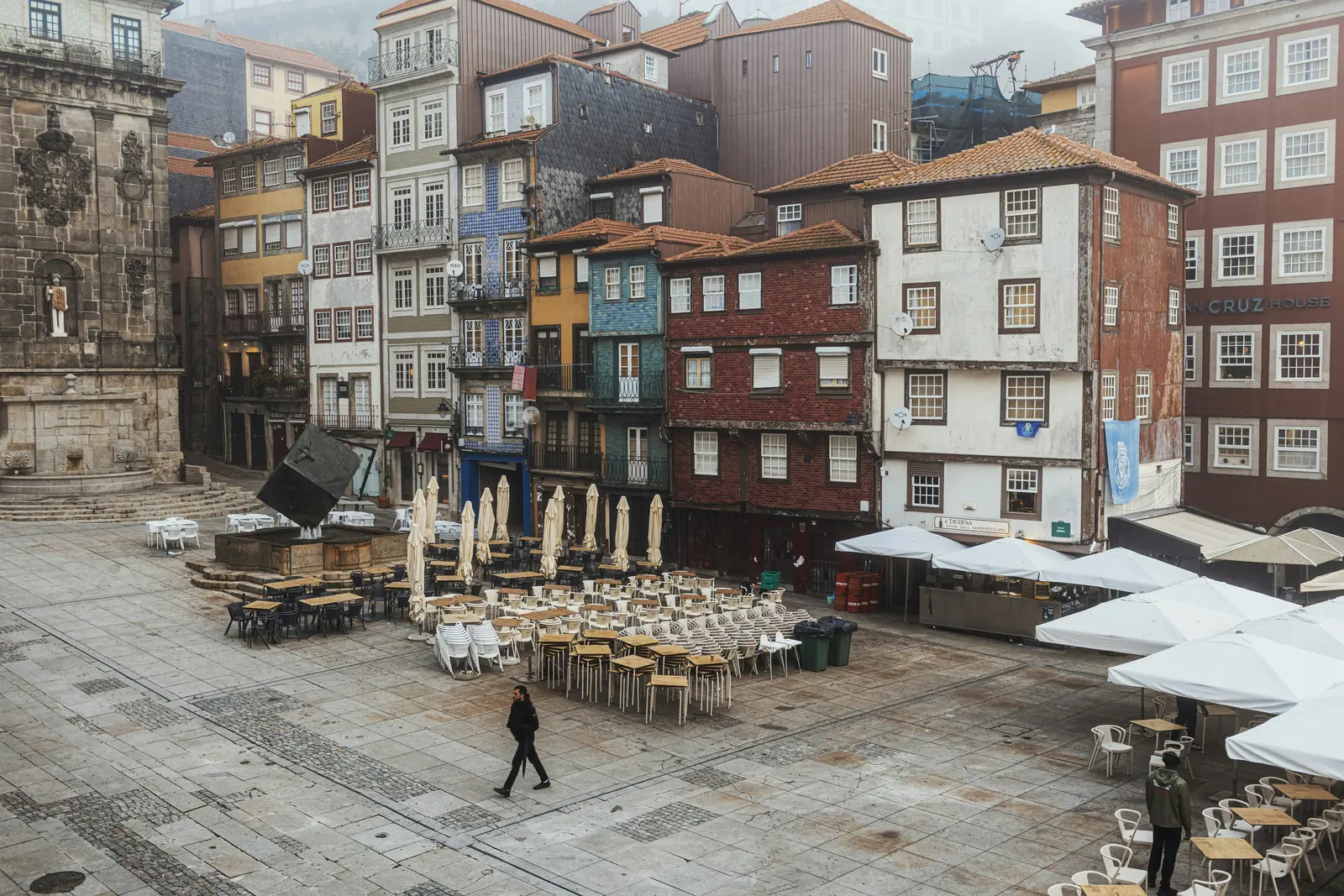 Pedestrians in a Ribeira square among historic Porto buildings.