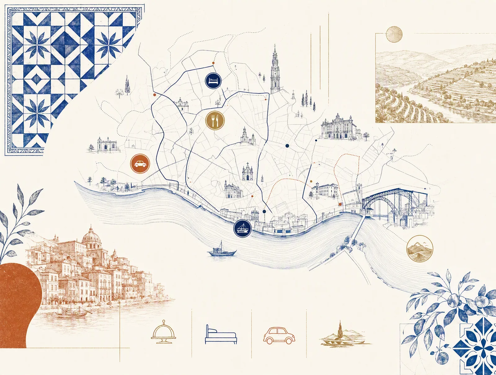 Decorative illustrated route atlas inspired by Porto, the Douro, and the experiences we arrange.