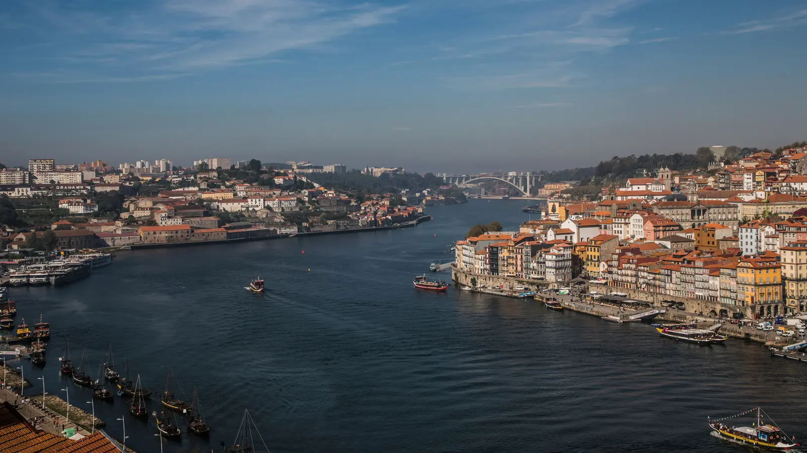 Daytime Douro between Porto and Gaia, with rabelo boats on the water.