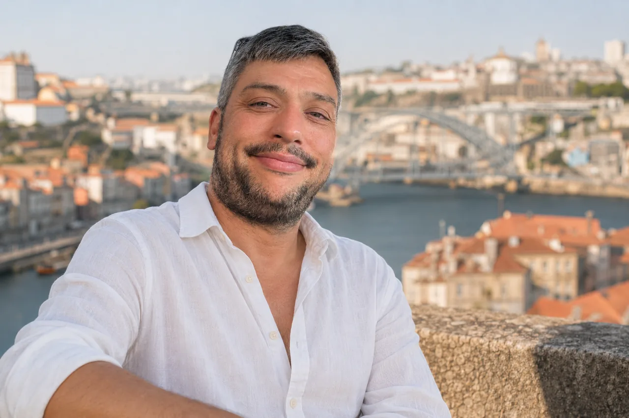 Portrait of Miguel Enes smiling outdoors in Porto, with the Dom Luís I Bridge softly blurred behind him.